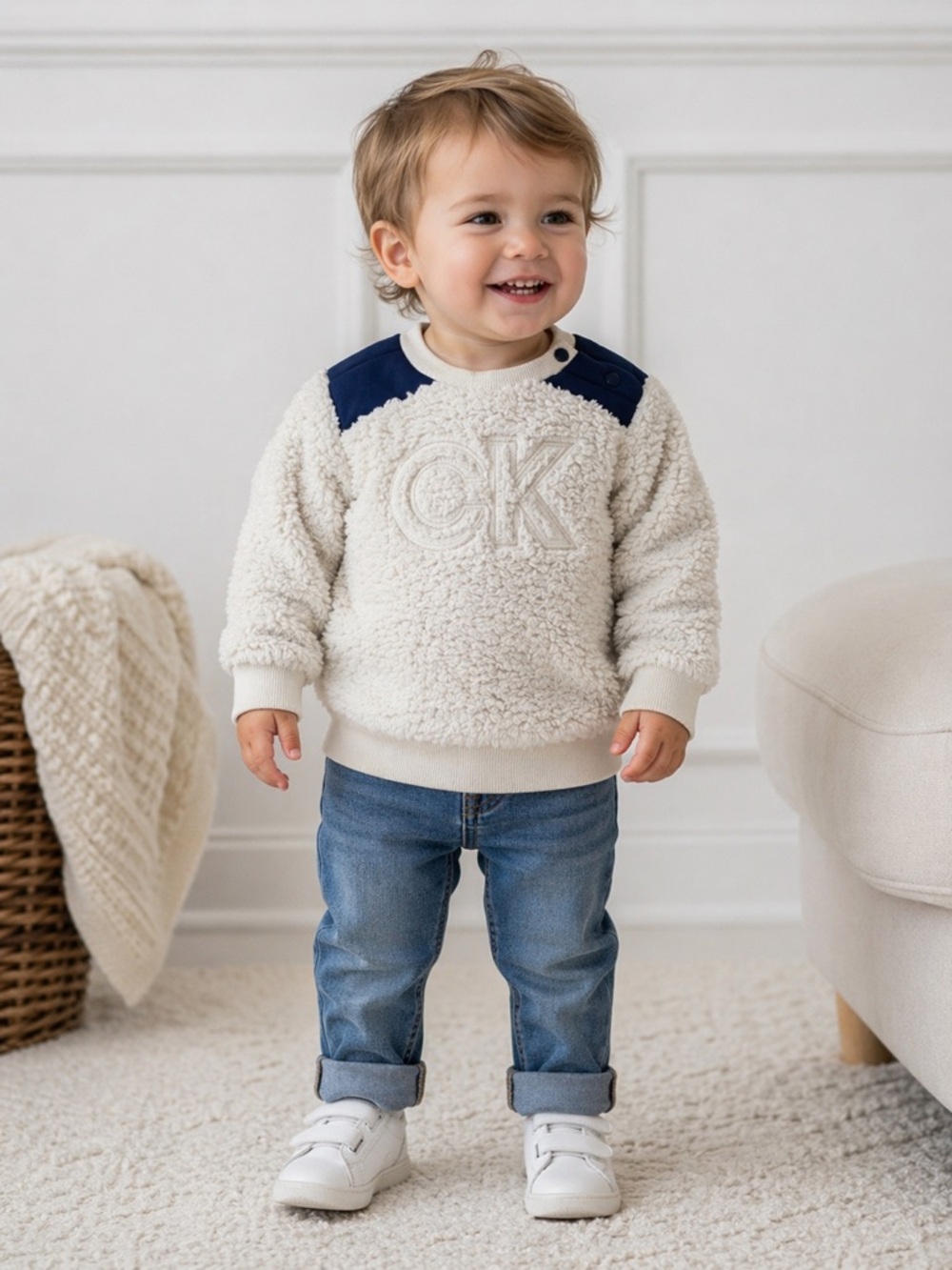 Calvin Klein Sherpa Pullover 24M White Navy Cozy Fleece Toddler Sweater CK Logo